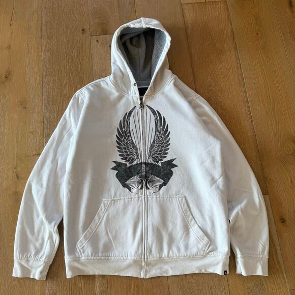 Vintage Y2K Hurley Sherpa-Lined Zip-Up Hoodie Men’s L White Black Wing Design - Picture 1 of 6